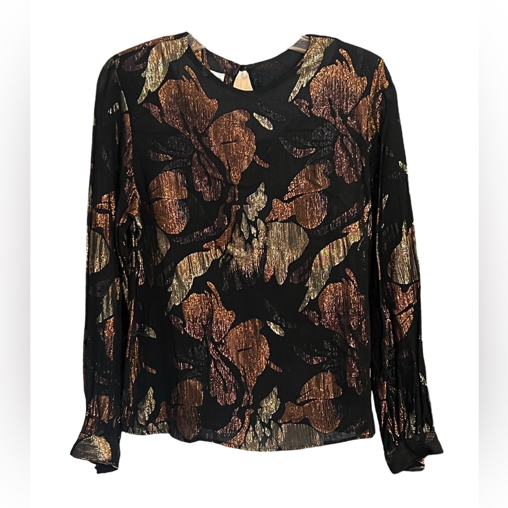 Eva Laurel New York Black Gold Bronze Copper Metallic Floral Fall Blouse Size 10
